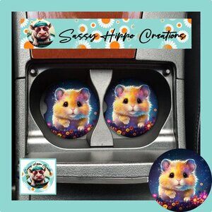Car Coasters Neon Hamster Colorful Flowers Set of 2 Neoprene Absorbent Sublimate
